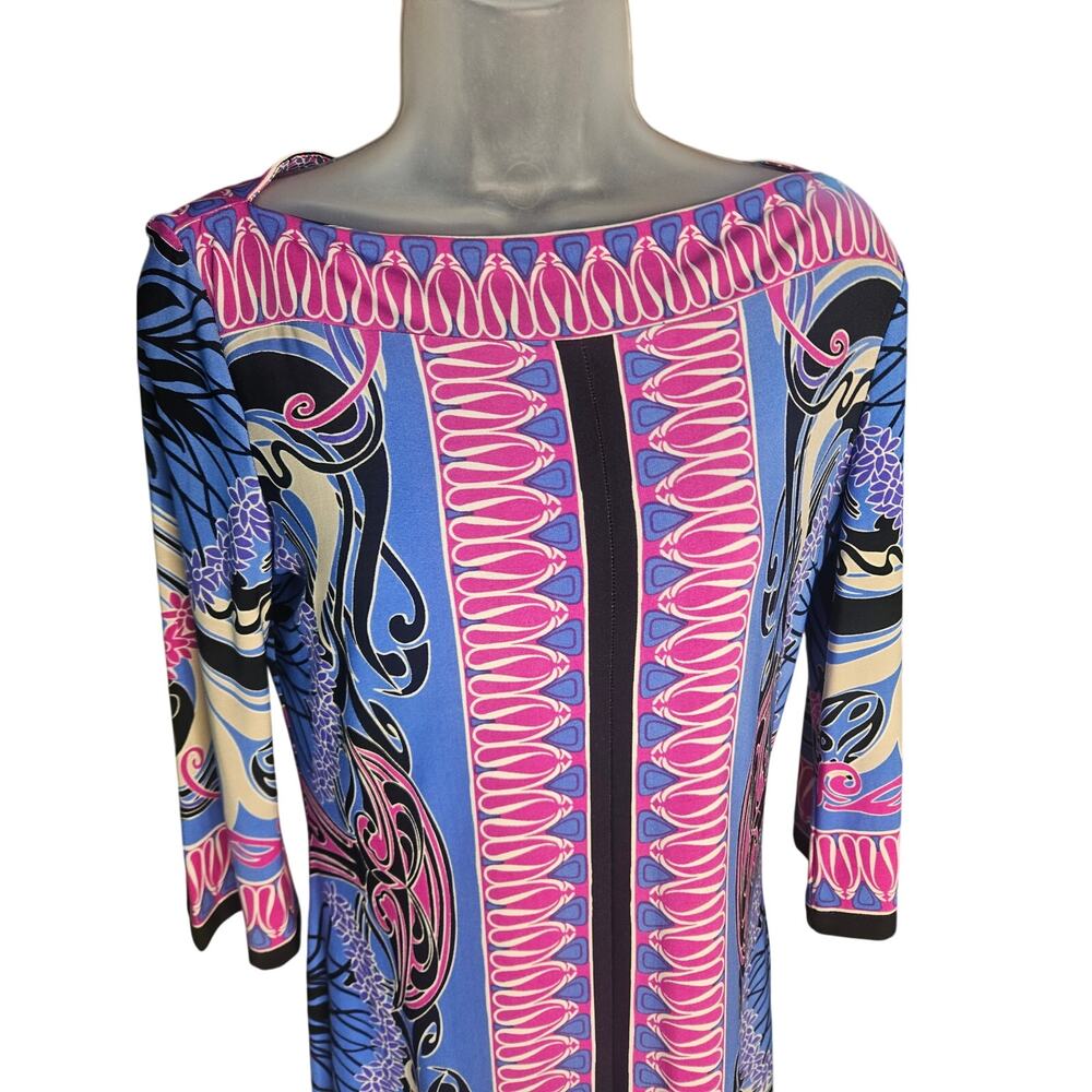 Donna Morgan Paisley Shift Dress Sz 4 Blue/Pink Stretchy 3/4 Sleeves Boat Neck - Picture 3 of 5